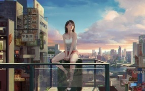 Sad anime girl sitting on the balcony