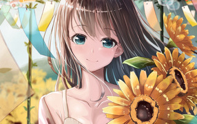 Smiling anime girl with sunflower flowers