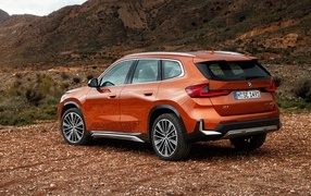 Красный автомобиль BMW X1  вид сзади