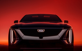 Электрический автомобиль Cadillac Lyriq  на красном фоне