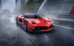 Красный LaFerrari под дождем