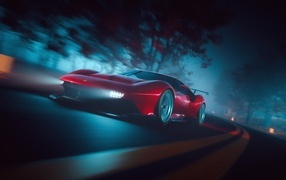 Красный автомобиль Ferrari P80C ночью на трассе