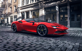 Красный автомобиль Ferrari SF90 Stradale в городе