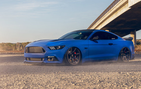 Красивый синий Ford Mustang GT  под мостом