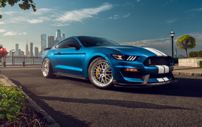 Blue car Ford Shelby Mustang GT350 in the city
