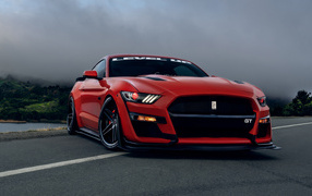 Red Ford Shelby GT500 against a stormy sky