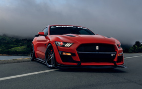 Красный  Ford Shelby GT500  на фоне грозового неба