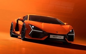 Спортивный автомобиль Lamborghini Revuelto 2023 года на красном фоне