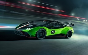 Green fast car Lamborghini Huracan STO SC 10 Anniversario