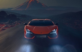 Sports Lamborghini Revuelto on the background of the volcano