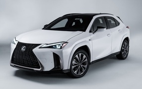 Белый автомобиль Lexus UX 250h AWD F SPORT, 2023 года на сером фоне