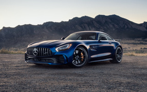 Blue car Mercedes-Benz AMG GT R in the mountains