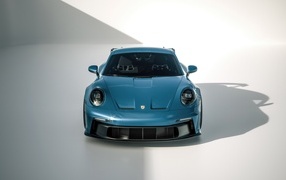 Синий автомобиль Porsche 918 вид спереди на сером фоне