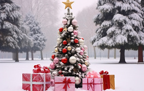 Beautiful Christmas tree with gifts in the snow