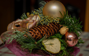Fir branches, pine cones and Christmas tree toy