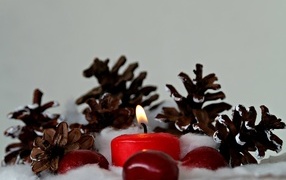 Red lit candle with cones on a gray background