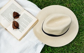 Шляпа лежит на зеленой траве с книгой и очками