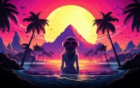 Девушка стоит в воде на фоне луны