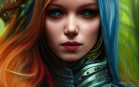 Красивая нарисованная девушка с разноцветными волосами