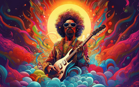 Нарисованный мужчина гитарист на разноцветном фоне