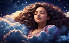 Painted girl sleeping in white clouds