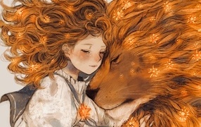 Painted red-haired girl and lion
