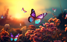 Beautiful fantastic butterflies fly over flowers