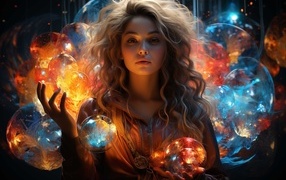 Красивая девушка с фантастическими светящимися шарами