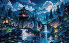 Красивый нарисованный китайский храм у пруда в горах