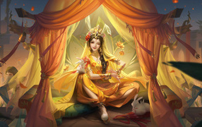 Фантастическая девушка азиатка сидит в шатре