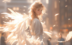 Фантастическая девушка ангел с белыми крыльями