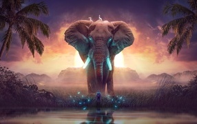 Фантастический слон у воды с человеком