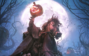 Fantastic headless horseman holding a pumpkin