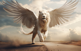 Fantastic lion with white wings