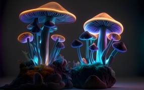 Fantastic neon mushrooms on a gray background