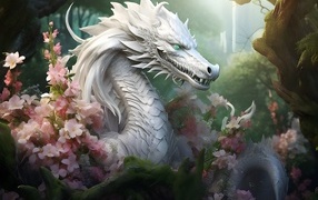 Фантастический белый дракон в розовых цветах