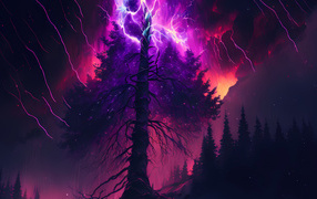Lightning breaks over an old tree