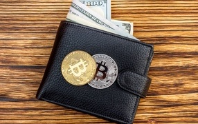 Черный кожаный кошелек с долларами и монетами биткоин