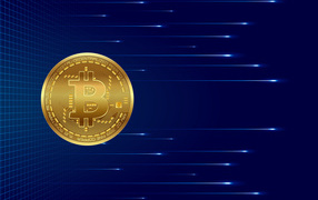 Золотая монета биткоин на синем фоне с яркими линиями