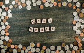 Lots of coins and cubes on the table