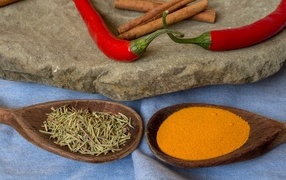 Fragrant spices with red pepper and cinnamon on the table