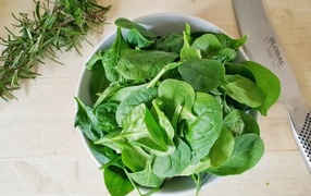 Зеленые листья базилика на столе с розмарином