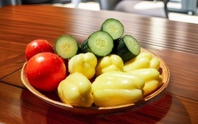 Peppers, tomatoes and green cucumbers on a plate on the table