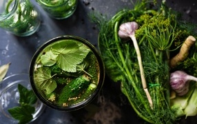Маринованные огурцы с зеленью и чесноком на столе