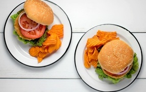 Two hamburgers on a plate with chips