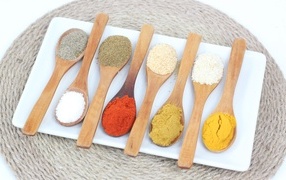 Wooden spoons with spicy spices on a napkin