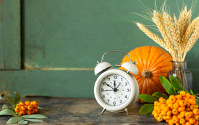 Будильник на столе с тыквой и ягодами рябины