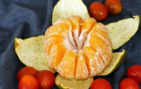 Large peeled tangerine on the table