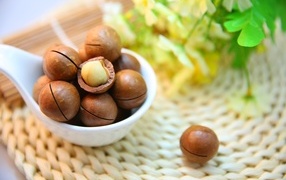 Орехи макадамия на столе с цветами