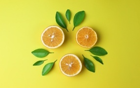 Orange halves with green leaves on yellow background